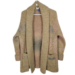 Democracy Large Tan Pink Geometric Shawl Collar Open Front Cardigan Pastel
